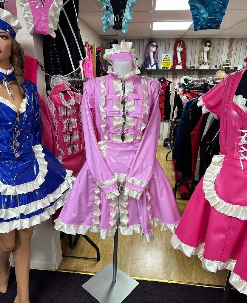shiny PVC/latex, maid-style, and bondage-inspired outfits.